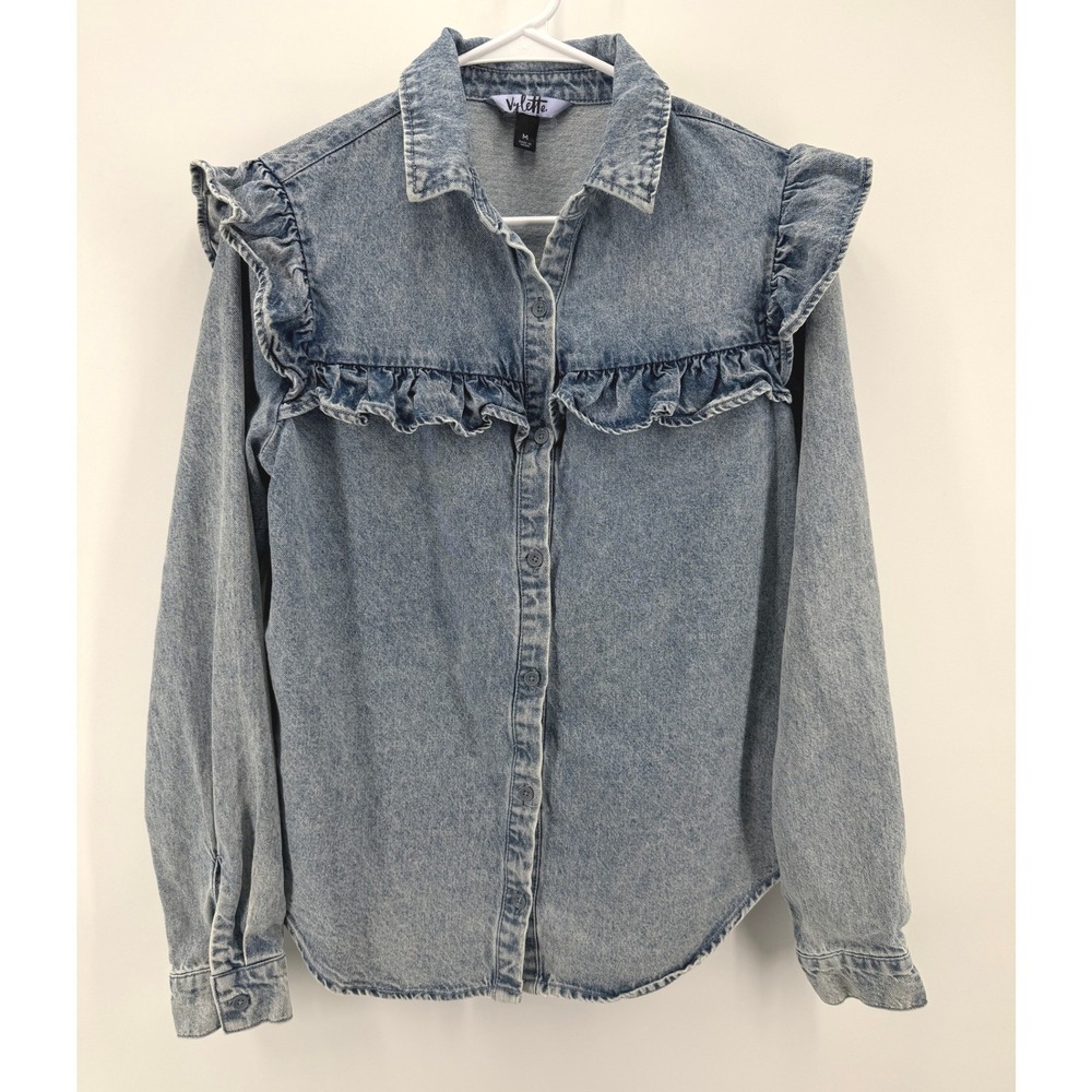 Vylette Denim Ruffle Shirt Light Acid Wash Cottagecore Cotton Boho Women M EUC